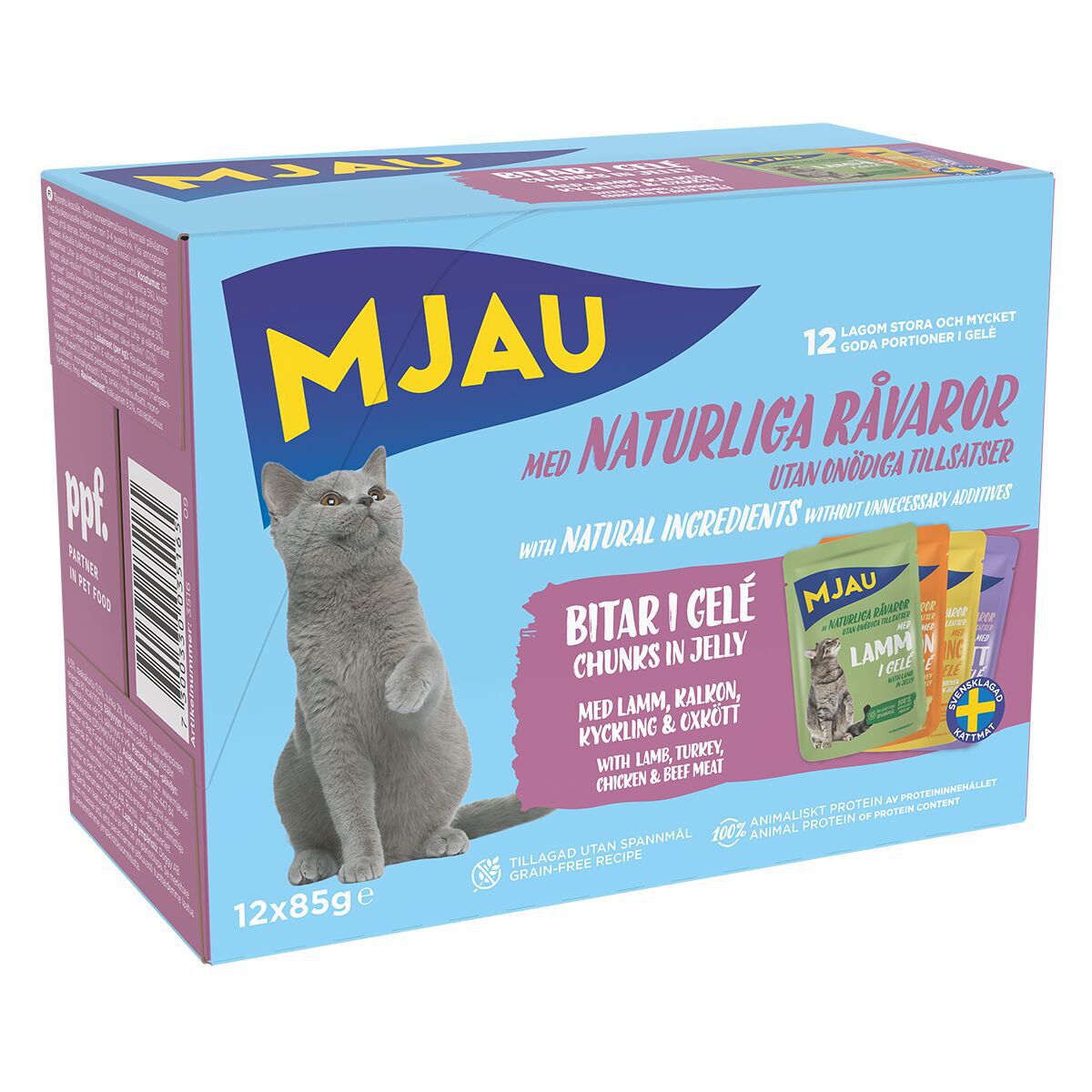 Mjau Multipack Köttsmaker i Gelé 12x85 g | Katt - Kattmat - Våtfoder till katt | DogStyle