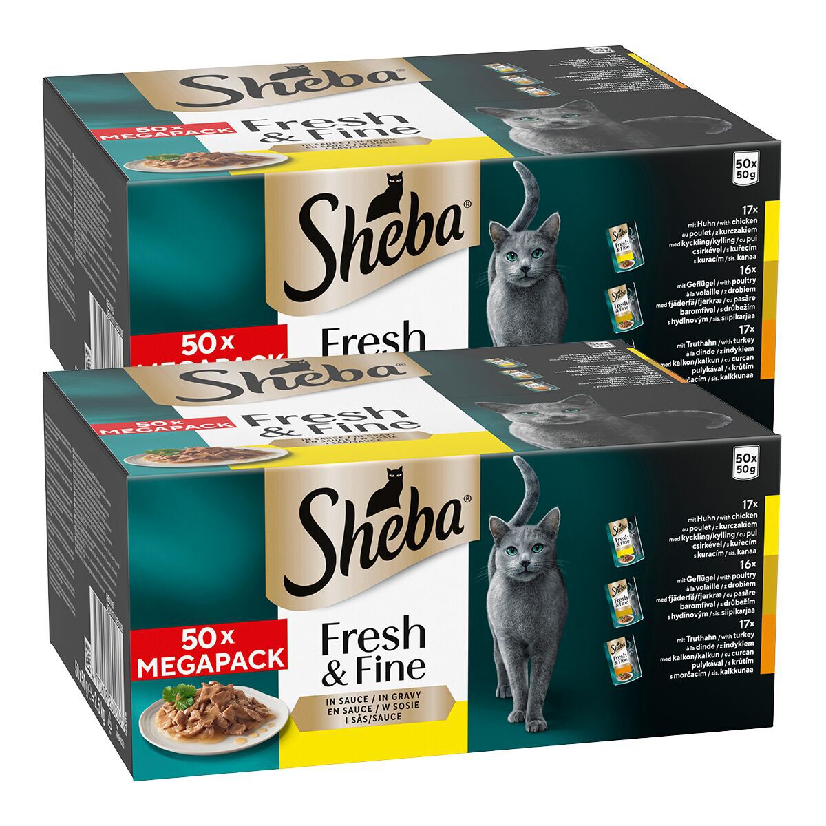 Multipack Sheba  Fresh & Fine portionspåsar 50 x 50 g - Med kyckling, fågel, kalkon i sås