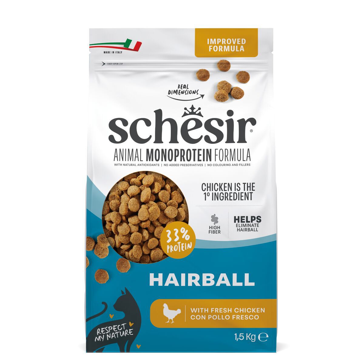 Schesir Cat Adult Animal Monoprotein Formula Hairball Chicken Torrfoder till Katt 1,5 kg