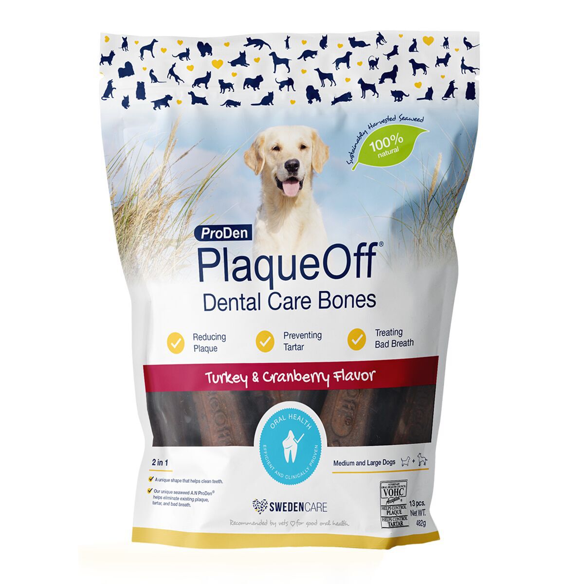 PlaqueOff Dental Care Bones Kalkon & Tranb&auml;r 482 g