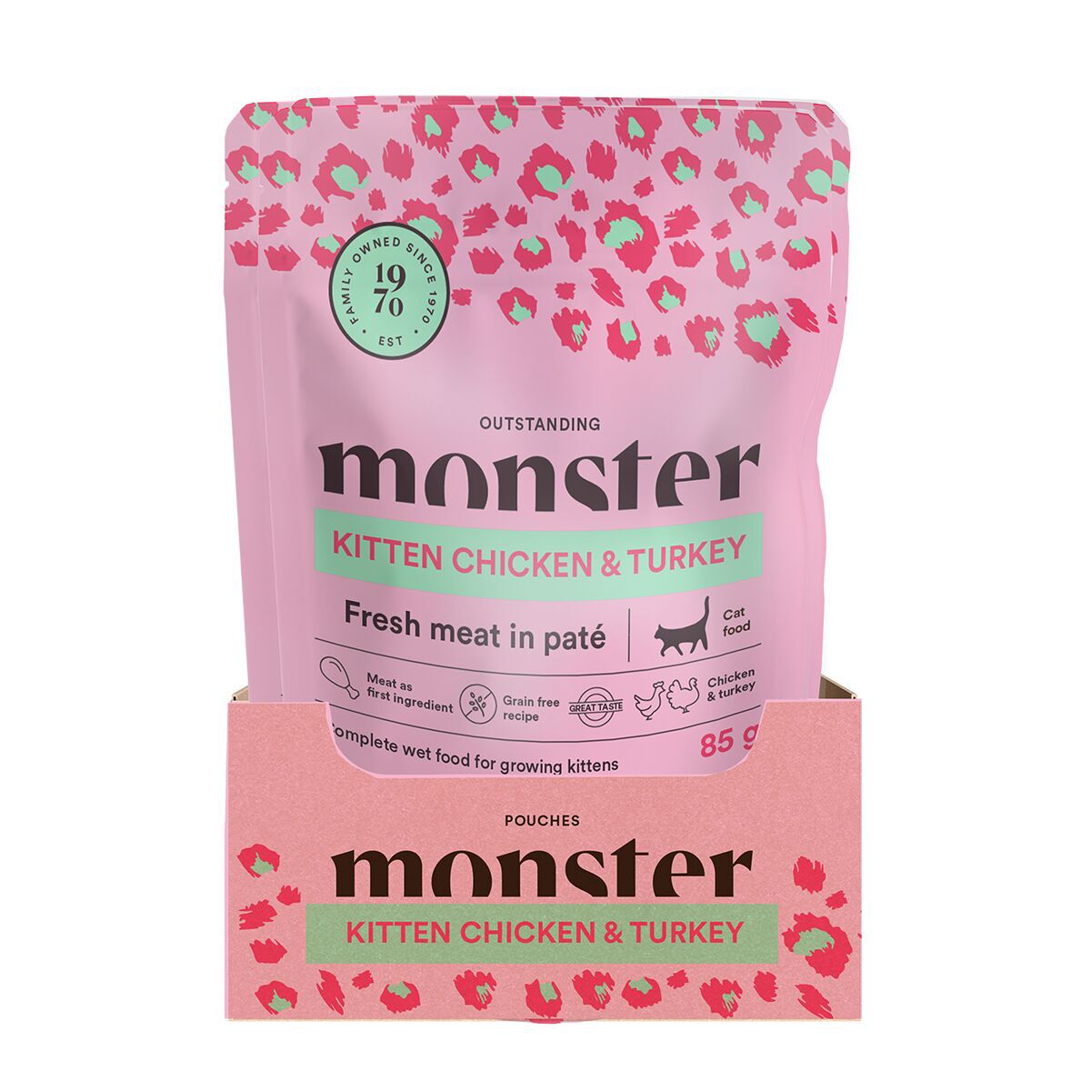 Monster Cat Pouches Kitten Chicken/Turkey V&aring;tfoder till Kattunge 16 x 85 g