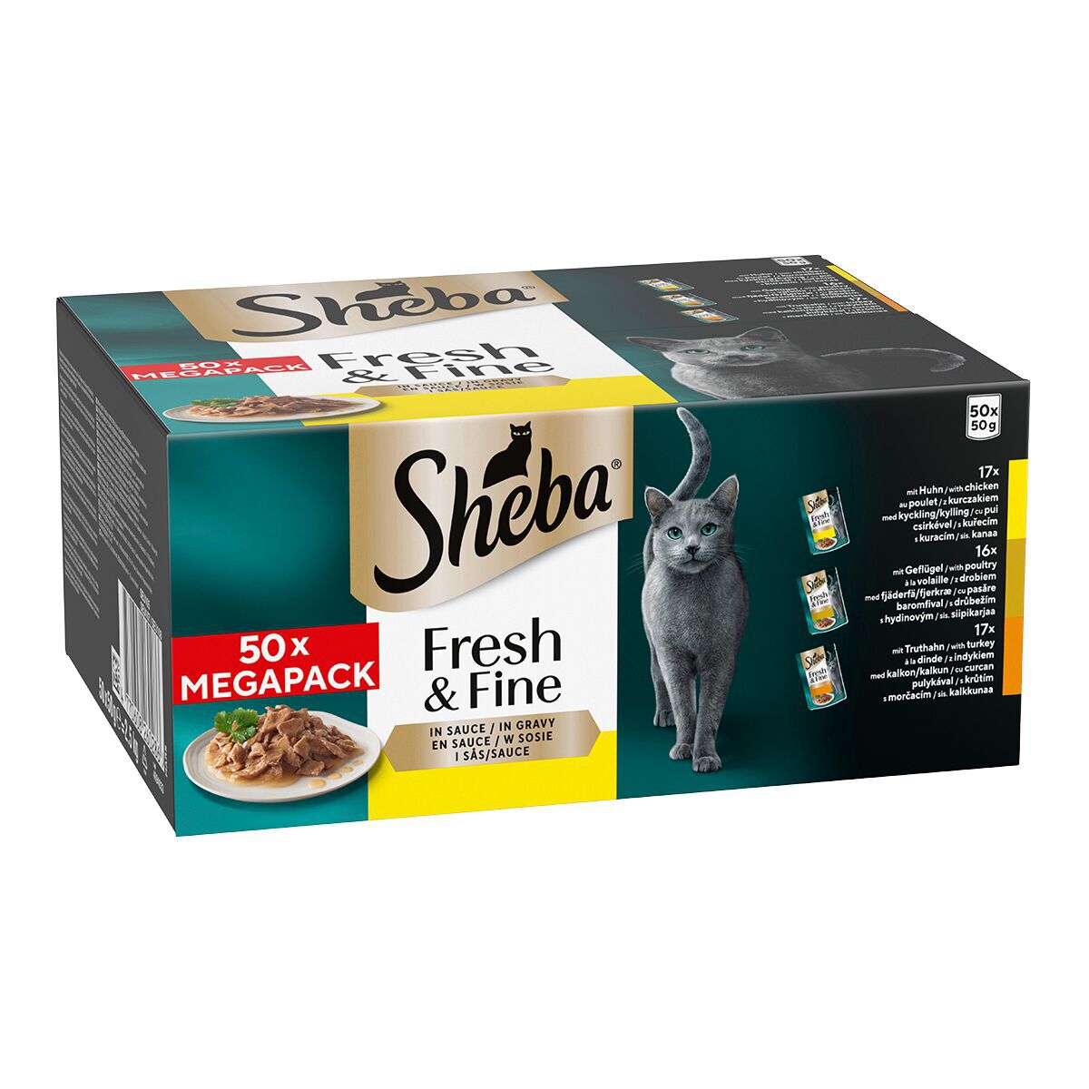 Multipack Sheba  Fresh & Fine portionspåsar 50 x 50 g - Med kyckling, fågel, kalkon i sås